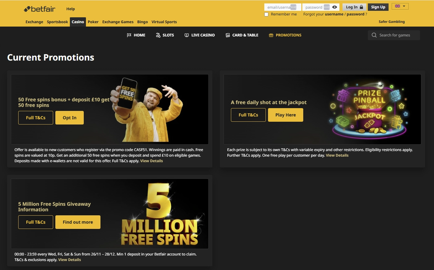 Betfair Casino promotions dashboard