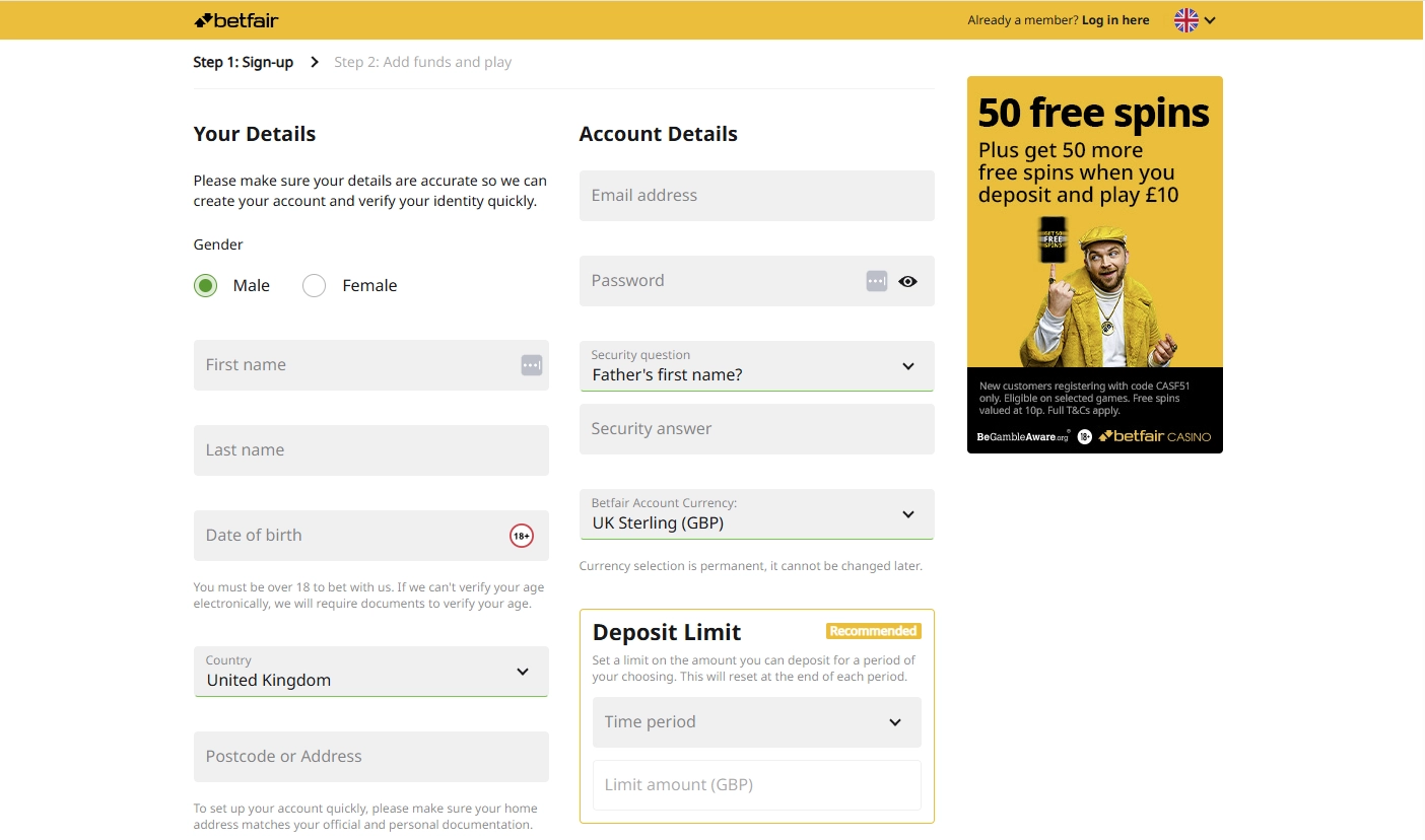 Betfair Casino registration forms